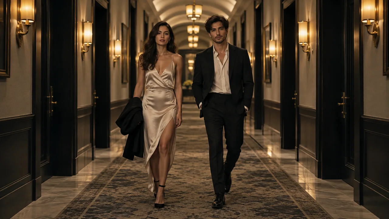 Two performers walking toward the camera through a long hotel corridor.